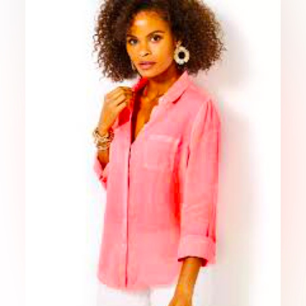 Lilly Pulitzer Sea View Button Down Blouse Lilly's Coral Sz XS 100% Linen